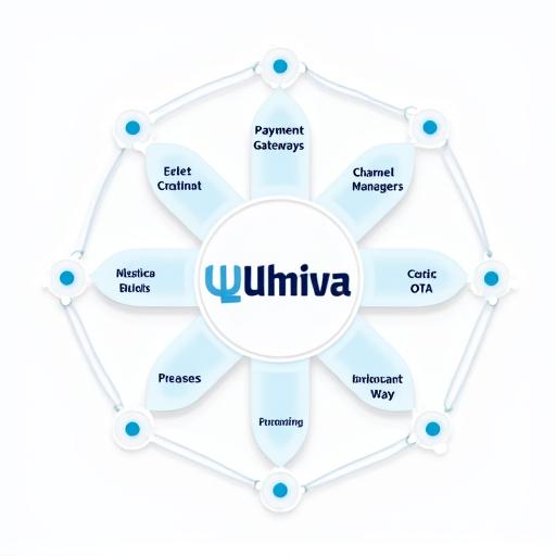A diagram with the Umoya Stay logo in the center, connected by lines to categories like Payment Gateways, Channel Managers, and OTAs.